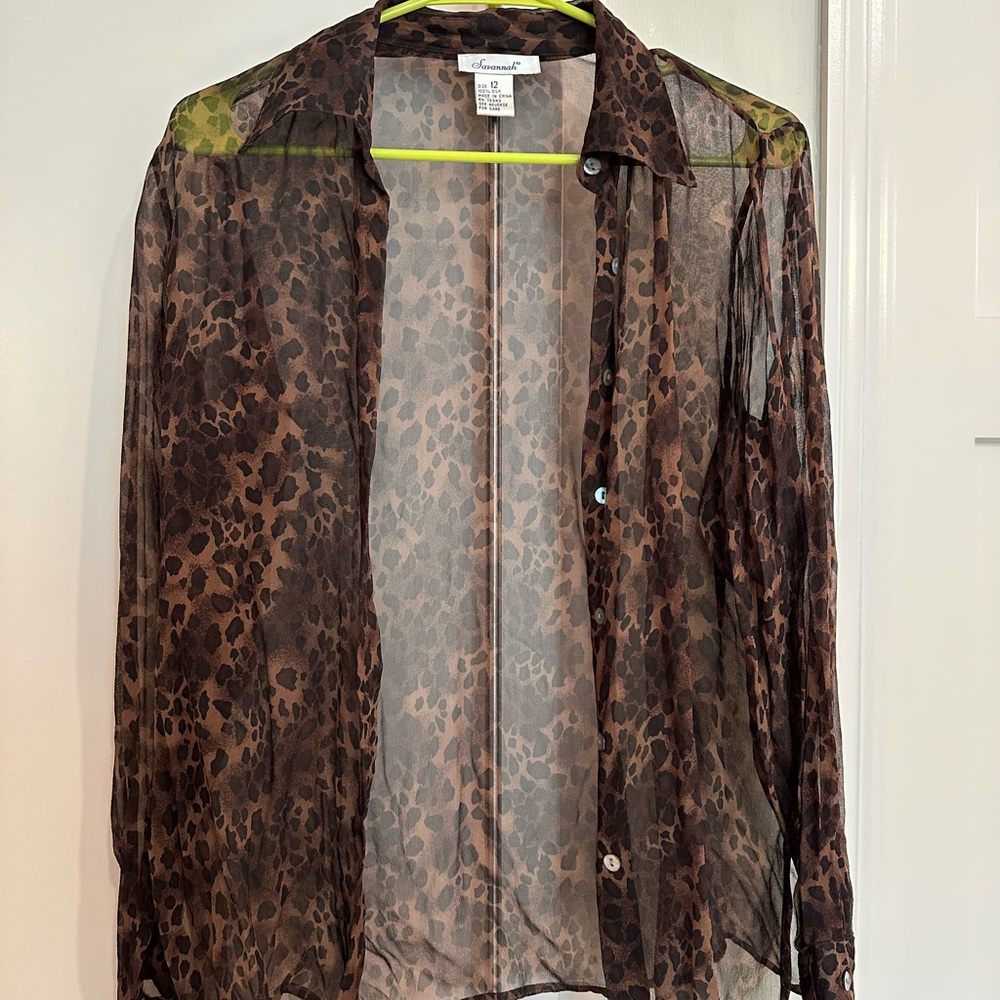 Silk Leopard Print Sheer Button-up Shirt